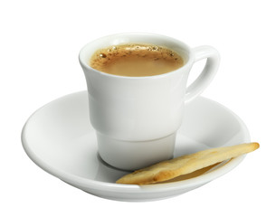 Cup of coffee and cracker isolated on white