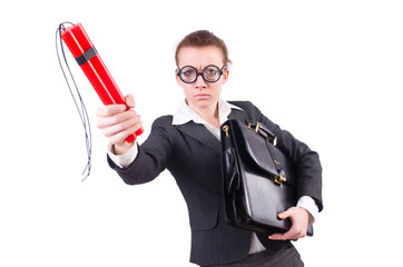 Businesswoman with dynamite on white