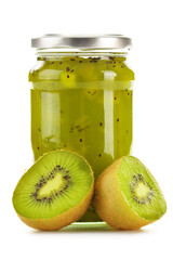 Jar of kiwi jam isolated on white background.