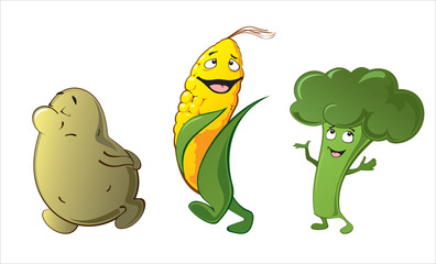 Funny cute vegetables - potato, corn, broccoli