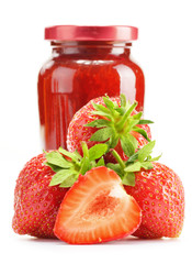 Jar of strawberry jam isolated on white background.