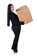 Woman with lots of boxes on white