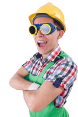 Funny construction worker isolated on white