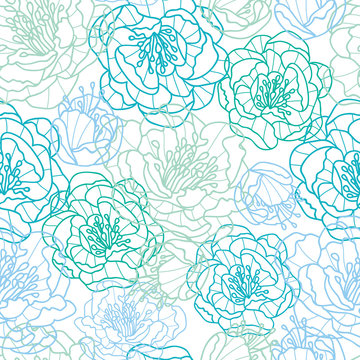 Vector blue line art flowers elegant seamless pattern background