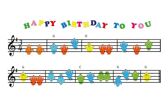 Happy Birthday Noten mit Vögel-Gesang – Stock-Vektorgrafik | Adobe Stock