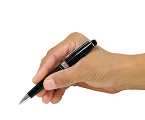 Holding a pen for writing isolated over white background
