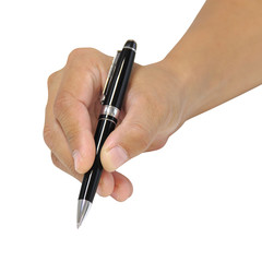Holding a pen for writing isolated over white background