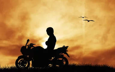 Papier Peint photo Lavable Moto motard au coucher du soleil
