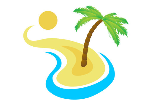 Tropical palm on island with sea. Vector logo.