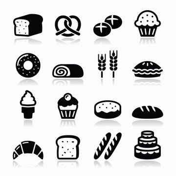 Bakery, pastry icons set - bread, donut, cake, cupcake