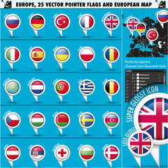 European Icons Round Indicator Flags and Map Set1