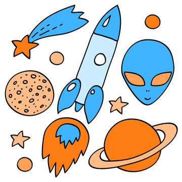 Blue and orange space elements collection on white, vector