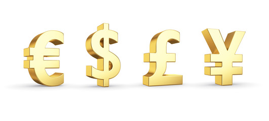 Golden currency symbols isolated on white with clipping path