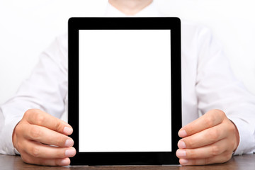 businessman holding a tablet computer with isolated screen