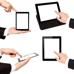 isolated businessman hand holding touch tablet computer