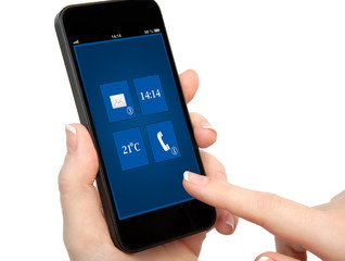 isolated female hand holding a phone with interface background