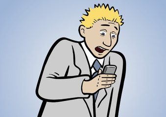 Geschäftsmann Pete überrascht mit Smartphone – Comic/Vektor