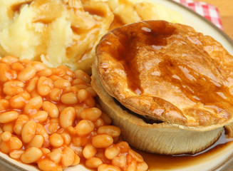 Steak Pie with Mash and Baked Beans
