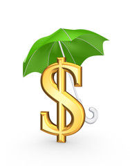 Golden sign of dollar under green umbrella.