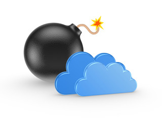 Black bomb behind symbol of cloud computing.