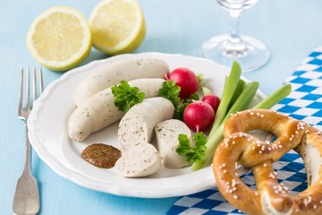 Munich white sausages with sweet mustard and pretzel