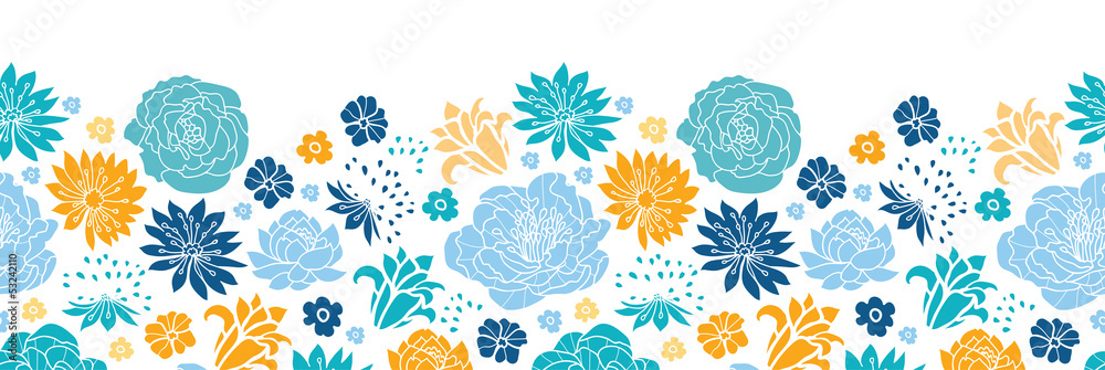 Wall mural Vector blue and yellow flowersilhouettes horizontal seamless