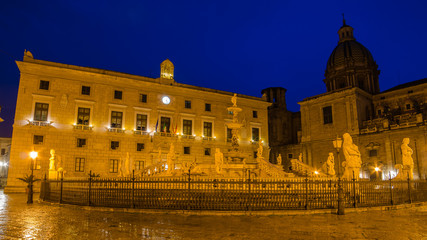 Fototapeta na wymiar Piazza Pretoria in Palermo, Sicily, Italy. Early morning