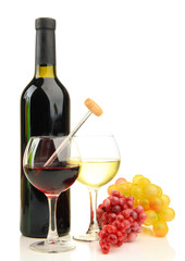 Bottle and glasses of wine with thermometer, isolated on white