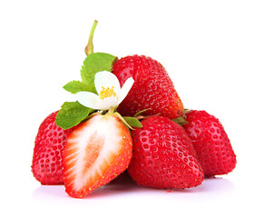 Ripe sweet strawberries and flower, isolated on white