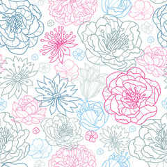 Fototapeta na wymiar Vector gray and pink lineart florals seamless pattern with hand