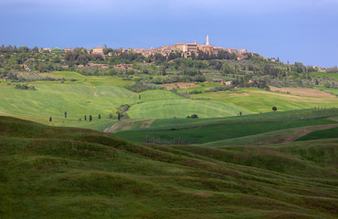 Obraz premium Skyline of Pienza with clouded sky, Val d'Orcia, Tuscany, Italy