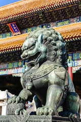Fototapeta na wymiar The bronze lion in front of Taihe Hall of Forbidden City