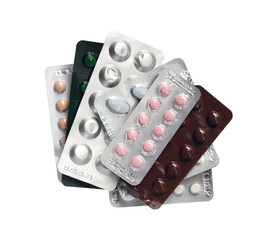 Pile of pills package isolated on white background