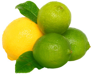 Heap fresh wet lime and lemon with leaves