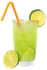 Fruit cocktail with lime and ice cubes in a glass decorated with