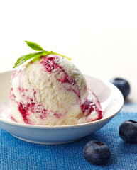 scoop of blueberry ice cream in white bowl