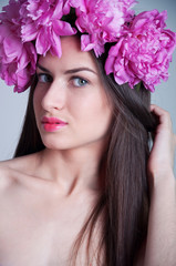 Woman in peony wreath