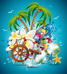 Vector SummerFlyer Design with palm trees and shipping elements.