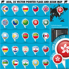 Asia Map and flags Pointer Icons set3