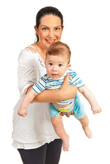 Mother holding baby with long drool