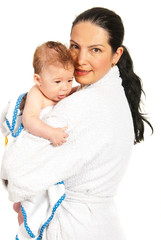 Happy mother and son after bath