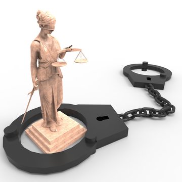 Themis statue and handcuffs over white background