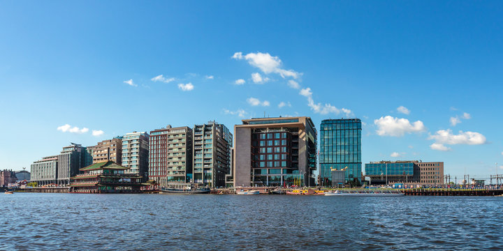 Panoramic image of modern Dutch buildings in Amsterdam