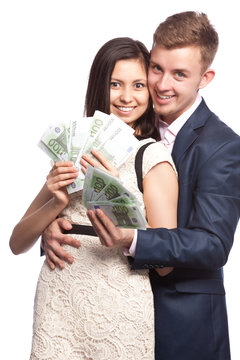 man and woman with money in hands