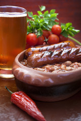 Baked beans, sausage and beer