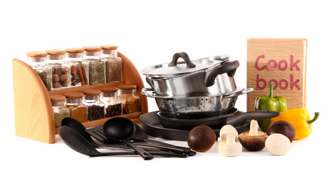 composition of kitchen tools,spices and vegetables isolated