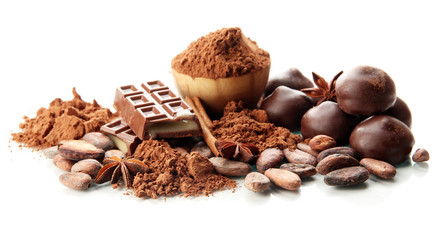 Composition of chocolate sweets, cocoa and spices, isolated