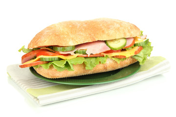 Fresh and tasty sandwich with ham and vegetables isolated
