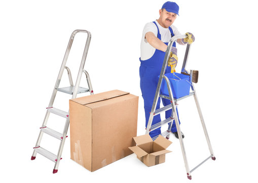 house painter ladders and cardboard boxes
