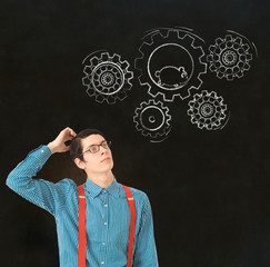 Businessman student teacher chalk running hamster gears cogs